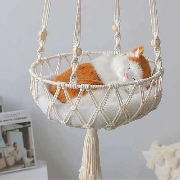 1 DAY SALE Macrame Hanging Cat Hammock Natural Woven Cotton Swing Bed Furniture - Picture 3 of 7